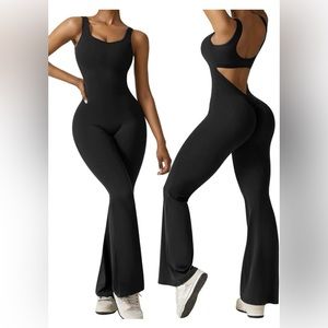 VertVie women’s sleeveless flared leg open back scrunch butt yoga bodysu…